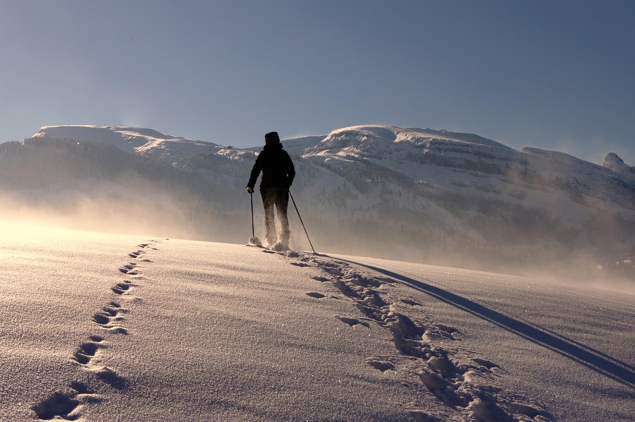 Trekking bastonlarıyla karlı bir dağ yamacında yürüyen bir kişi, teknik tırmanış ekipmanı olmadan