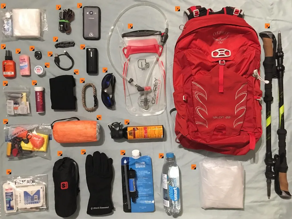 Açık renkli bir örtü üzerine numaralanarak serilmiş günübirlik yürüyüş malzemeleri: kırmızı sırt çantası, su torbası, yürüyüş batonları, telefon, küçük bir powerbank, şarj kablosu, eldiven ve ilk yardım çantası