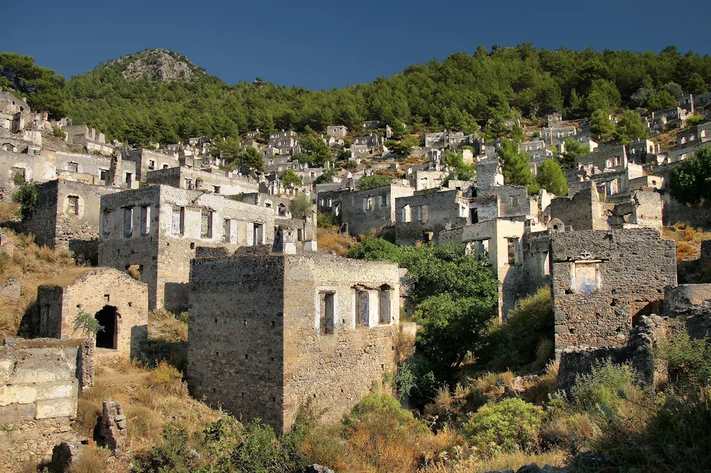Fethiye'deki Kayaköy'de yamaca dizilmiş, çatısız ve terk edilmiş taş evler; arkada çam ormanıyla kaplı tepe